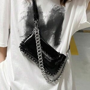 Black Patent Crossbody Bag with Silver Chain